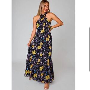 Buddy Love Pepper Enchanted Halter Maxi Dress Lined Black Purple NEW